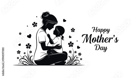 Happy mother's day wishes mother and child silhouette with flowers