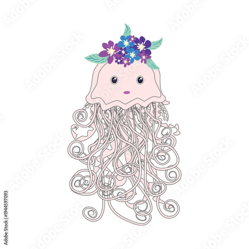 Underwater inhabitants in boho style. Vector illustration animals with flowers. Whale, dolphin, jellyfish, seahorse, turtle, shark, octopus, crab, snail, stingray, fish