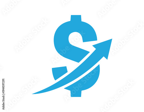 Blue dollar sign with upward arrow silhouette on white background