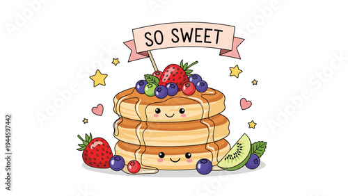 Stack of happy pancakes with cute faces topped with syrup and fresh berries surrounded by stars and hearts for a sweet breakfast.