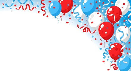 Vibrant red white and blue balloons with confetti and streamers create a festive celebration background design