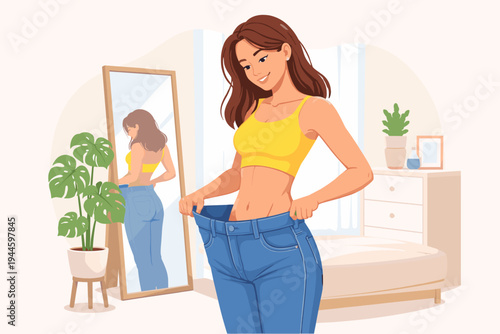 Young Woman Celebrating Weight Loss Success by Trying on Her Old Oversized Blue Jeans in Front of a Mirror in a Bright Bedroom; Flat Vector Illustration of Healthy Lifestyle and Fitness Goals.