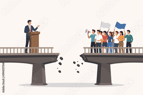 Vector Illustration of a Broken Bridge Between a Politician at a Podium and a Protesting Crowd with Flags, Representing Political Polarization, Social Divide, Disconnect, and Communication Gap.