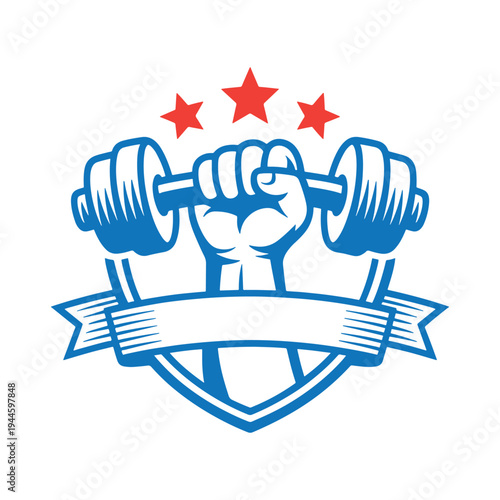 Strong fist gripping barbell with stars and banner symbolizing fitness and determination