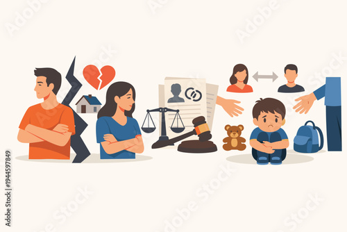 Flat vector illustration of a couple undergoing divorce and legal separation with a sad child in a custody battle, featuring a gavel, scales of justice, broken heart, and family law symbols.