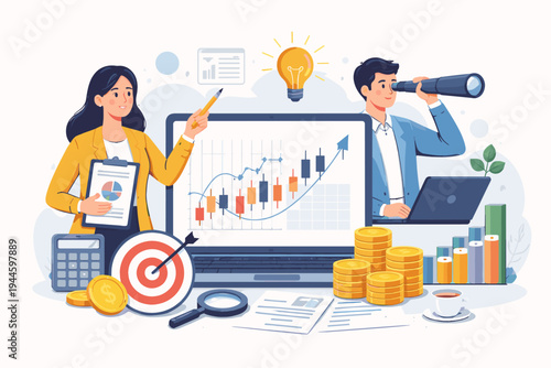Business Investment Analysis and Financial Planning Strategy Concept with Professional Team, Stock Market Trading Data Visualization, Growth Success Vision, and Flat Vector Illustration Design.
