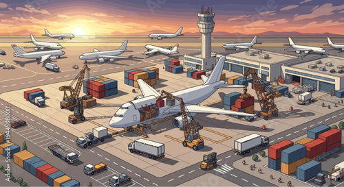 Airport Cargo Operations: Airplanes, Loading Docks, Trucks, and Cranes at Sunset