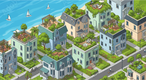 Eco-friendly city street with green roofs and beachside houses, isometric view