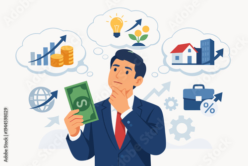 Professional businessman holding money and contemplating diverse financial investment options including stocks, real estate, and innovative business ideas for wealth management and growth.