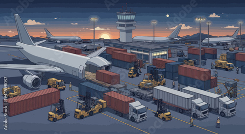 Pixel Art Airport Cargo Loading at Dusk with Airplanes and Containers