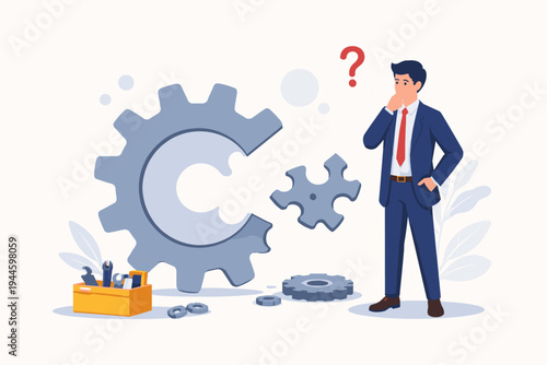 Professional businessman in a suit with a question mark standing by a large broken gear wheel with a missing puzzle piece, contemplating repairs and strategic problem solving in business.