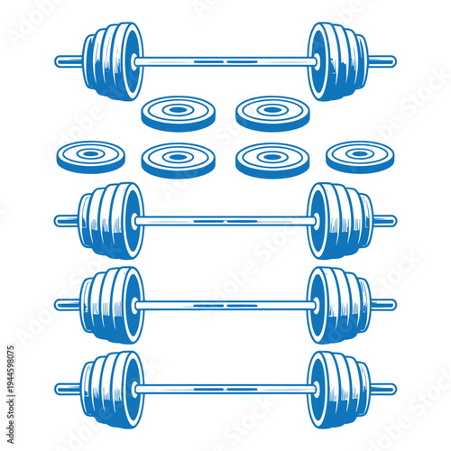Set of barbells with various weighted plates for strength training exercises
