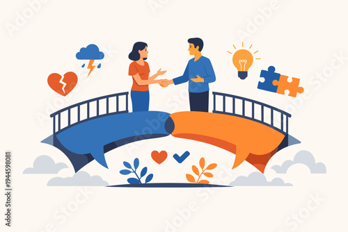 Couple Shaking Hands on a Bridge of Speech Bubbles Representing Conflict Resolution, Reconciliation, and Effective Communication to Solve Misunderstandings in a Relationship Vector Illustration.