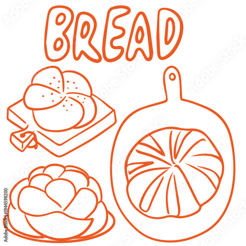 Bread hand drawn bakery doodle set with loaf slices bun and cutting board
