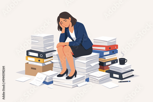 Tired and exhausted businesswoman sitting on huge piles of paper documents and office folders, feeling stressed and burnout from heavy workload and deadline pressure, flat vector illustration.