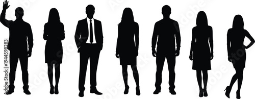 Diverse Group of Business Professionals Silhouettes Standing in Rows Including Confident Men and Women for Corporate Teamwork and Leadership Concepts
