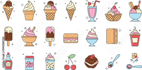 Colorful Ice Cream and Dessert Vector Illustration Set with Cones, Sundaes, Milkshakes, Popsicles, Cherries, Sprinkles, and Sweet Treat Elements