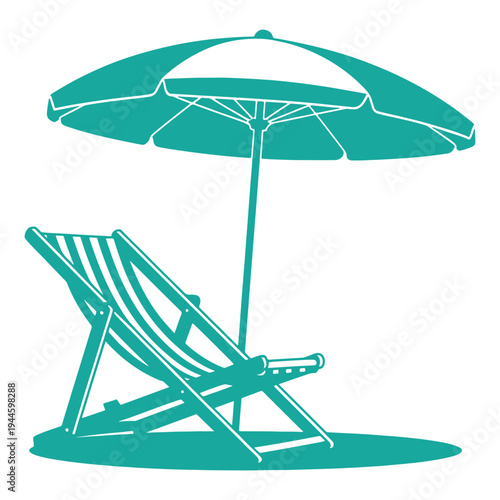 Relaxing beach scene with a striped lounge chair and turquoise umbrella