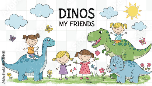 Cute children playing with dinosaurs including riding a brontosaurus and a t-rex in a prehistoric garden setting.