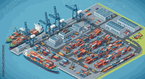 Isometric Industrial Seaport with Cargo Ships, Cranes, and Shipping Containers