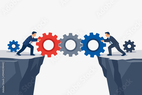 Two businessmen in suits working together to bridge a deep cliff gap using large interlocking gears, symbolizing teamwork, collaboration, and innovative business problem-solving solutions.