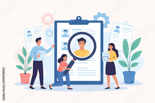 HR Team Recruiting New Employee Flat Vector Illustration of Human Resources Professionals Reviewing Resumes and Selecting Best Candidate with Magnifying Glass for Job Vacancy and Career Growth