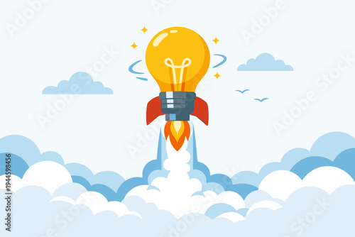 Light Bulb Rocket Launching into the Sky Above Clouds Vector Illustration, Concept of Startup Business Success, Creative Idea Innovation, Inspiration, Growth, and New Project Kickoff in Flat Style