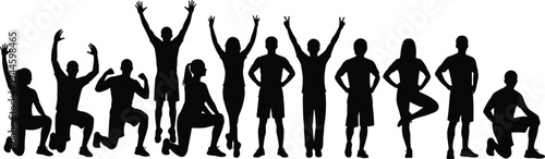 Large group of diverse people silhouettes in active poses, celebrating, exercising, and cheering together isolated on a clean white background.