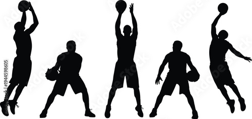 Set of black basketball player silhouettes in various action poses including jumping shooting and dribbling isolated on white background for sports