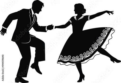 Silhouette of a 1950s vintage couple dancing swing or rock and roll with a woman in a retro dress and a man in a suit, isolated on a white background for retro party events.
