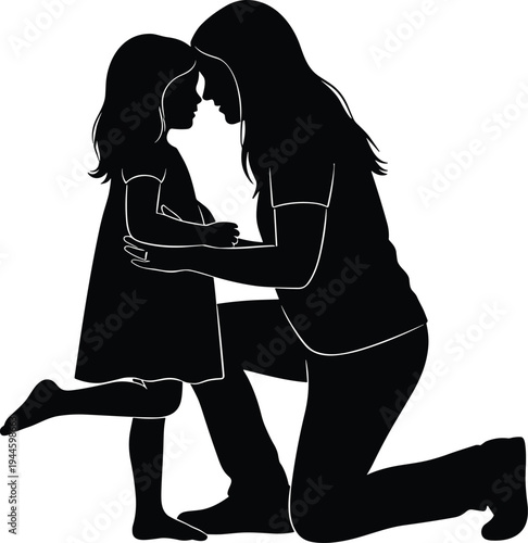 Silhouette of a loving mother kneeling and embracing her young daughter in a heartwarming moment of family connection and affection.