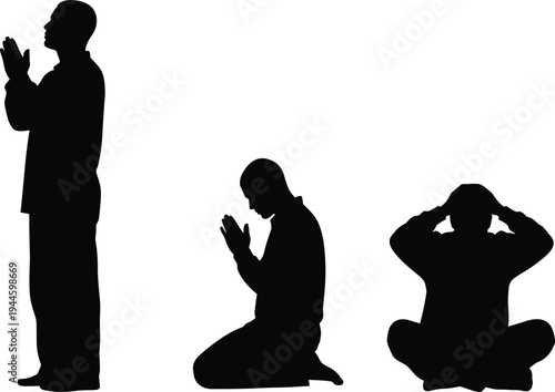 Silhouette of a man praying in standing, kneeling, and sitting positions, representing spirituality, faith, worship, meditation, peace, and religious devotion.