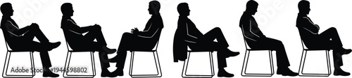Silhouette of men in various sitting poses and business postures on chairs, professional group profile view for office and lifestyle design