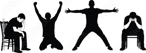 Silhouette of man expressing different emotions of sadness depression and grief sitting on chair and celebration success and freedom with arms raised