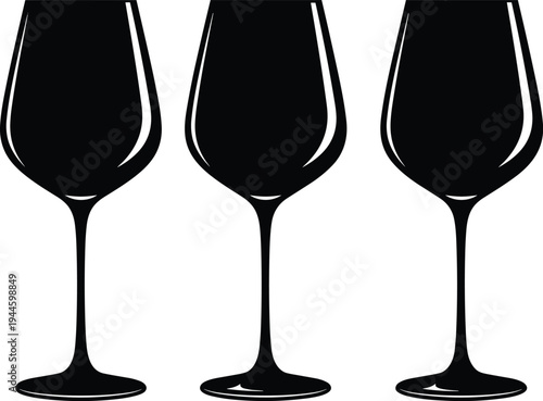 Three elegant black wine glass silhouettes isolated on white background, minimalist vector icons for restaurant menus, wine tasting, and celebrations.