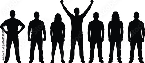 Success team silhouette, happy group of people standing together, winner leader with raised arms, community diversity, achievement and corporate partnership.