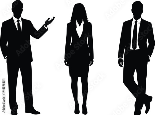 Silhouettes of professional business people in formal suits, diverse corporate team standing together, businessman gesturing and confident businesswoman isolated on white.