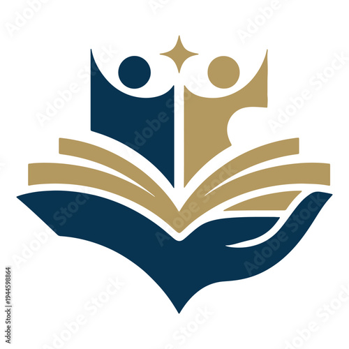 Illustrated emblem featuring an open book with symbolic figures above it