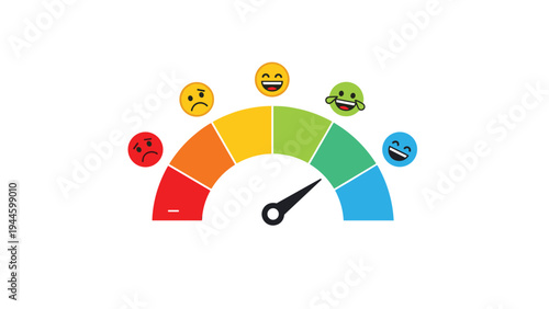 Emotional scale speedometer with various colorful emoji faces ranging from very sad to extremely happy for feedback or mood tracking.