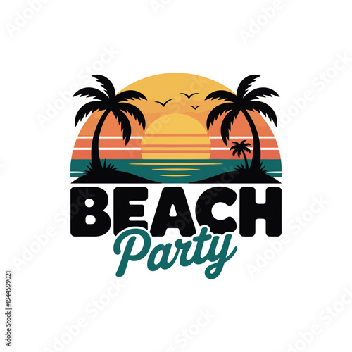 Vibrant graphic design of a beach party with sunset and palm trees