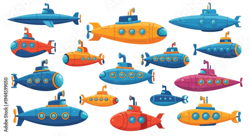 Colorful cartoon submarines floating on a white background