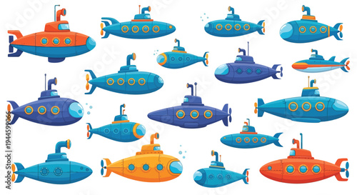 Cartoon illustration of colorful submarines in various shades of blue orange and red