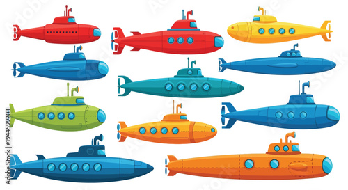 Colorful cartoon submarines arranged in a grid pattern on a white background