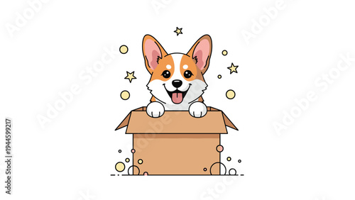 Happy corgi puppy popping out of a cardboard box with stars and colorful bubbles for a joyful surprise greeting.