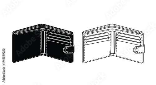 Black and white illustration of a bi fold wallet in two orientations