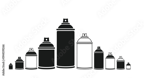 A collection of spray paint cans in varying sizes depicted in black and white