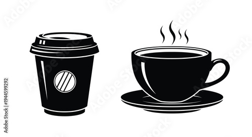 Black and white illustration of a to go cup and a steaming teacup