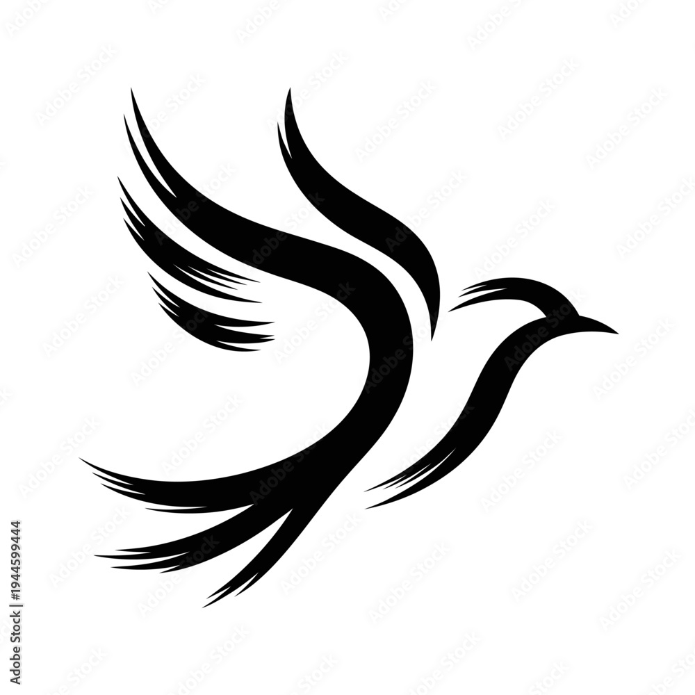 Fototapeta premium Black silhouette of a flying bird with outstretched wings and smooth lines