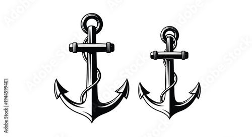 Two vintage nautical anchors in black and white side by side