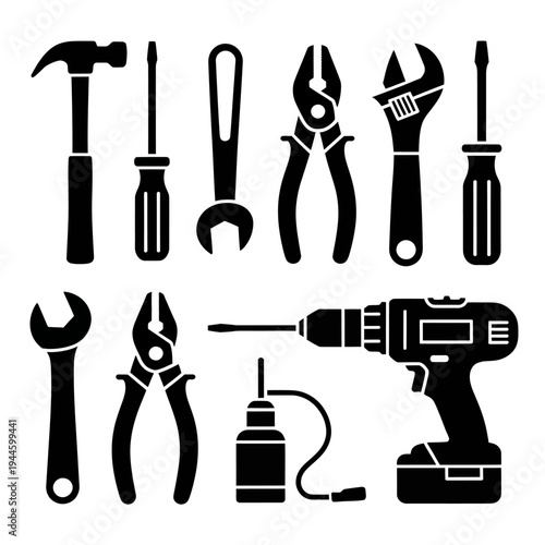 Blackandwhite illustration of various tools for home repair and construction projects
